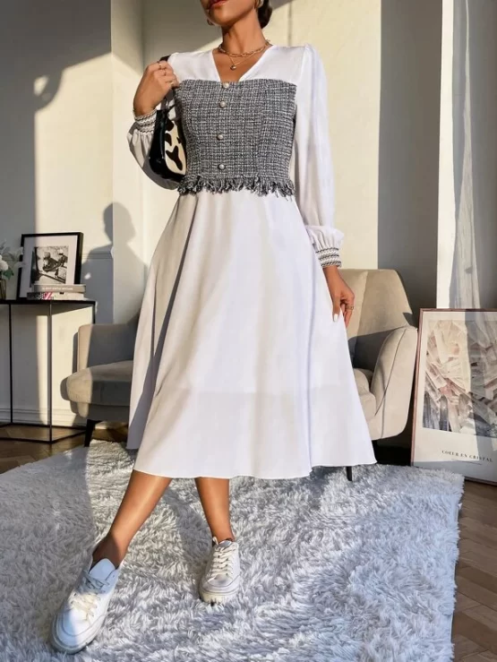 Plaid Raw Trim Lantern Sleeve 2 In 1 Dress - Image 4