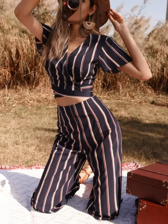 Striped Print Tie Back Crop Top & Pants - Image 4