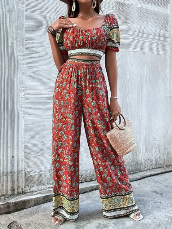 Floral Print Ruched Bust Puff Sleeve Crop Top & Pants - Image 4