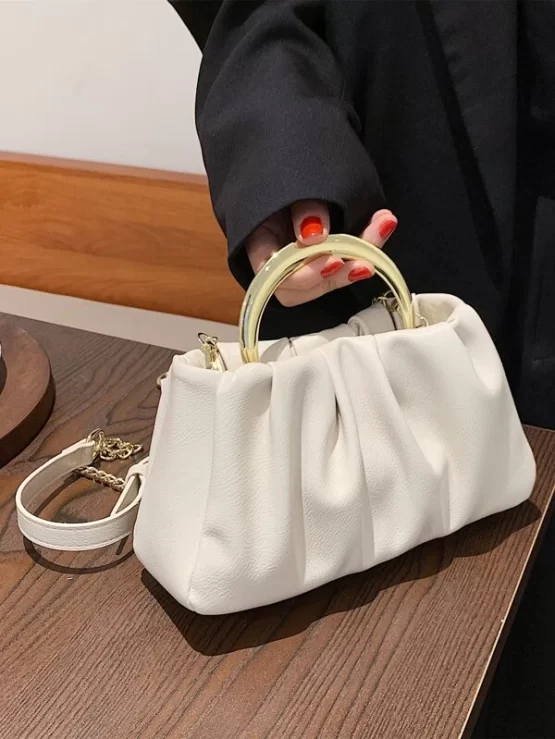 Minimalist Leather White Ruched Bag - Image 4