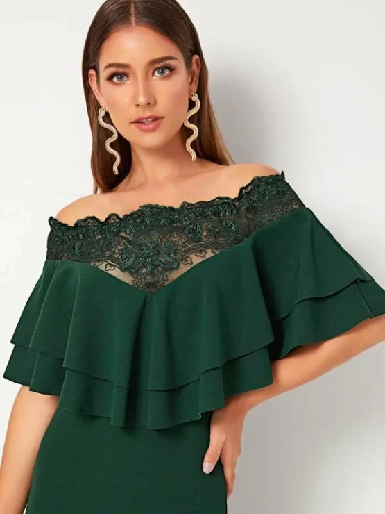 Bardot Ruffle Layered Trim Embroidered Insert Mesh Dress - Image 2