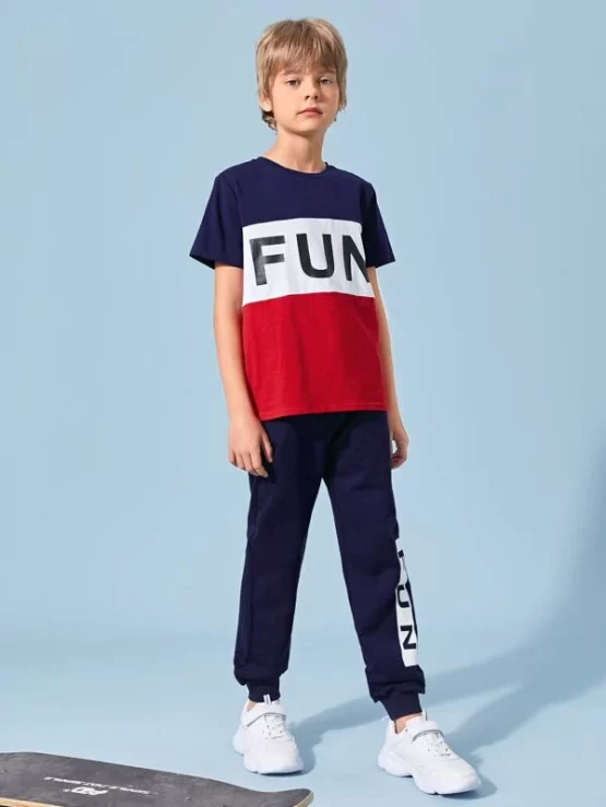 Boys Colorblock Letter Graphic Tee & Sweatpants Set - Image 3