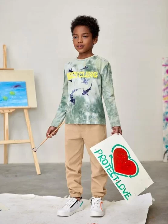 Boys Casual Plain Drawstring High Waist Pants - Image 3