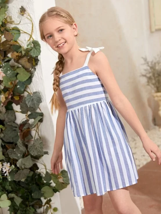 Girls Tied Shoulder Shirred Back Striped Cami Dress - Image 3