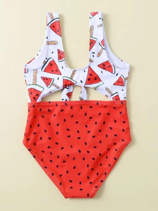 Baby Girl Watermelon Print Knot Front One Piece Swimsuit - Image 3