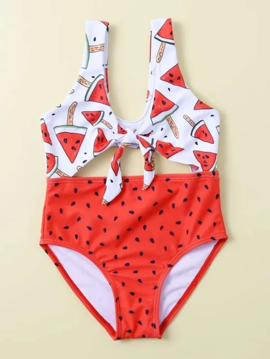 Baby Girl Watermelon Print Knot Front One Piece Swimsuit - Image 2