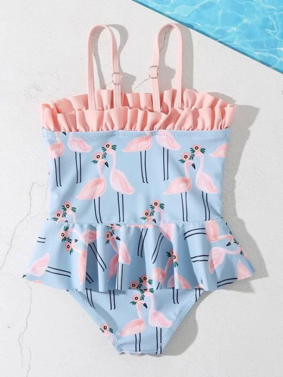 Baby Girl Flamingo Print Ruffle Hem One Piece Swimsuit - Image 2