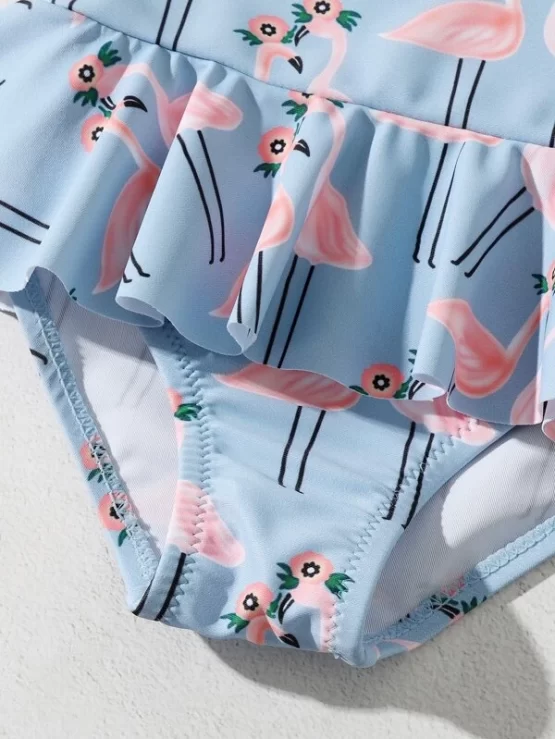 Baby Girl Flamingo Print Ruffle Hem One Piece Swimsuit - Image 3
