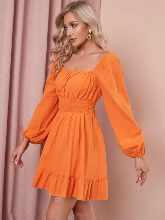 Neon Orange Tie Back Shirred Waist Ruffle Hem Dress - Image 2