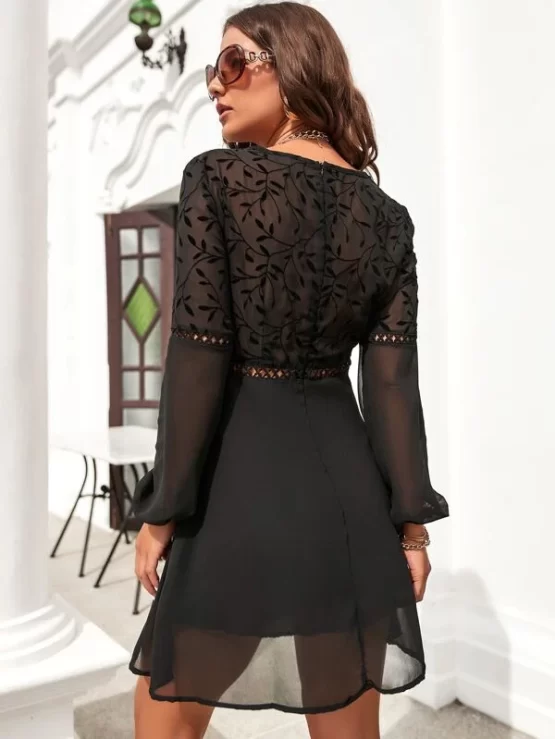 Guipure Lace Insert Lantern Chiffon Sleeve Dress - Image 3