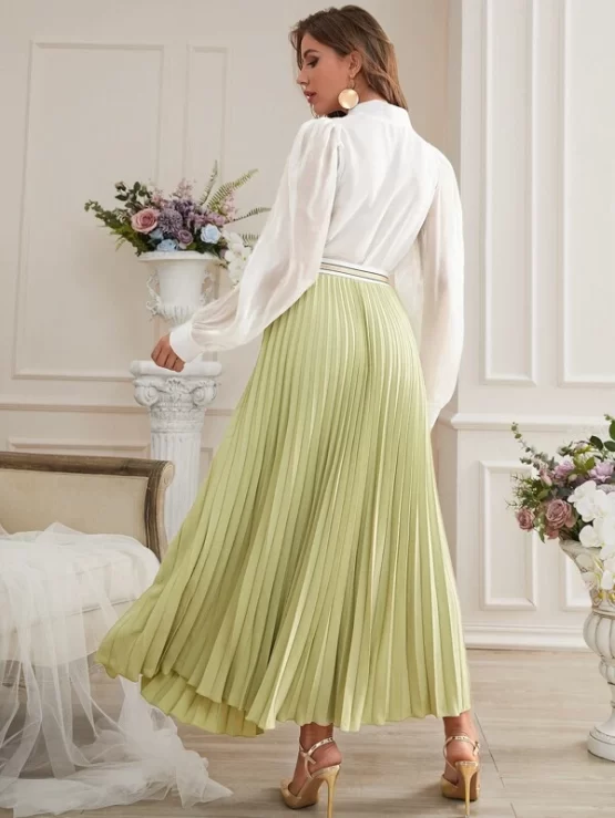 Tie Neck Puff Sleeve Blouse & Striped Tape Pleated Skirt - Image 3