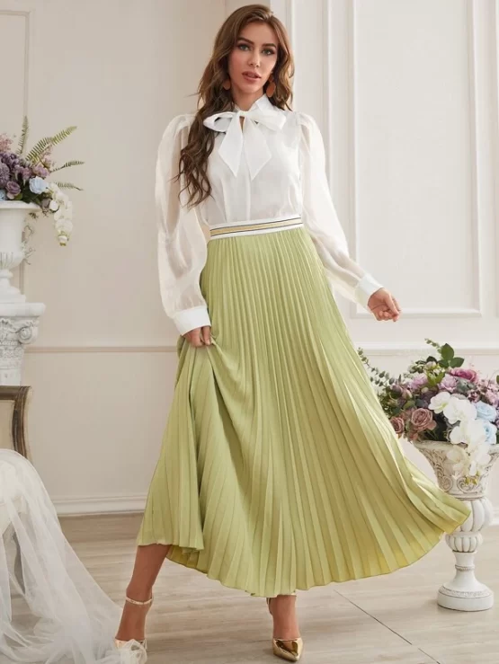 Tie Neck Puff Sleeve Blouse & Striped Tape Pleated Skirt - Image 2