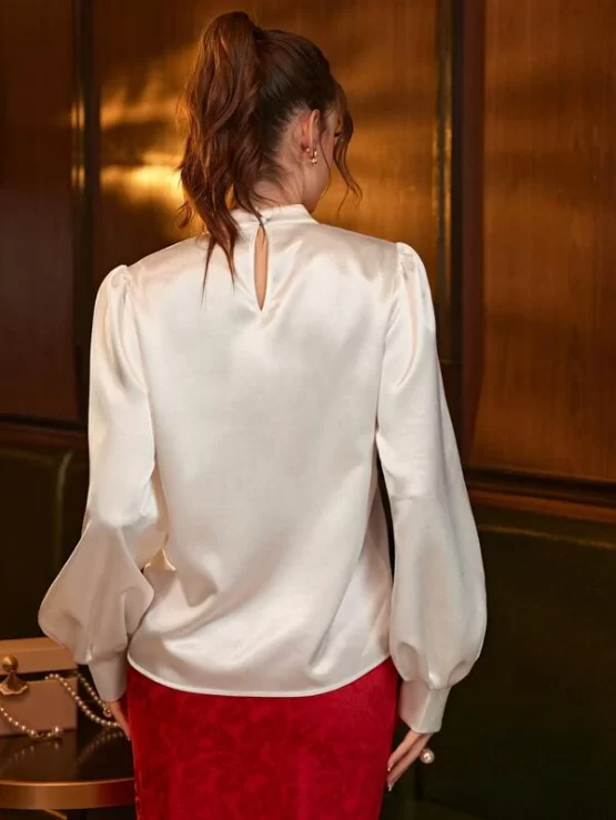 Chain Detail Button Lantern Sleeve Blouse - Image 3