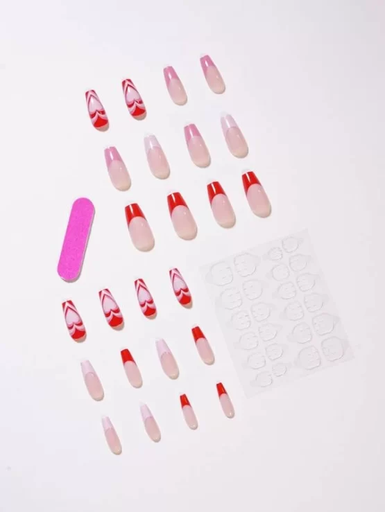 24 pieces Heart Pattern Fake Nail & 1 piece Nail File & 1 sheet Tape - Image 3