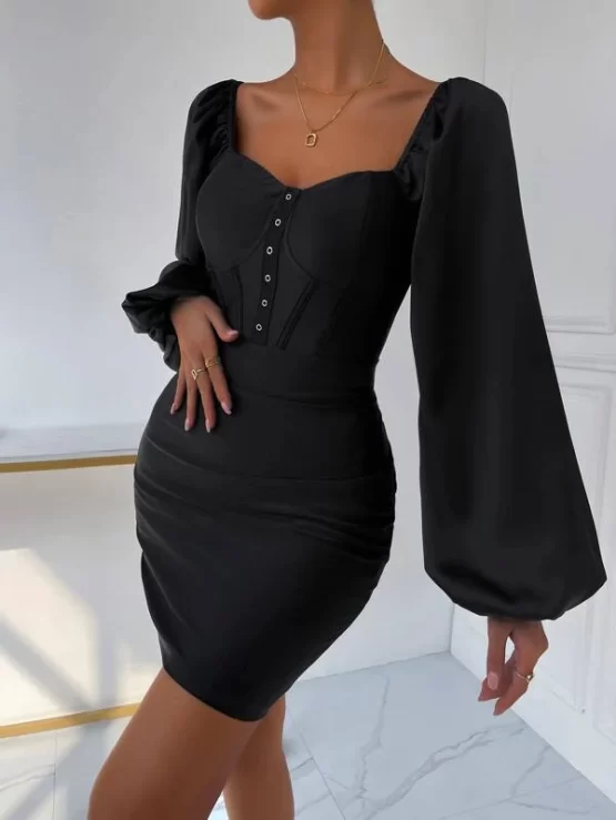 Lantern Sleeve Sweetheart Neck Contrast Tape Bustier Bodycon Dress - Image 3