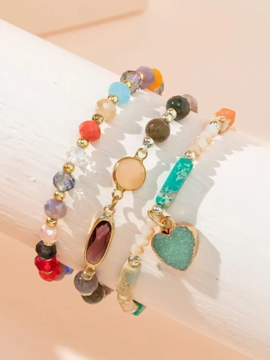 Three pieces Heart Charm Crystal Beaded Bracelet - Image 3