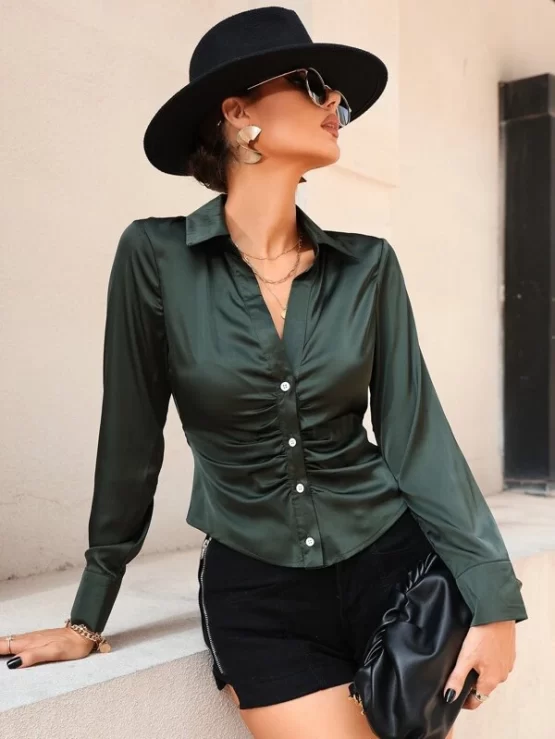 Ruched Button Front Single Breasted Blouse - Image 2