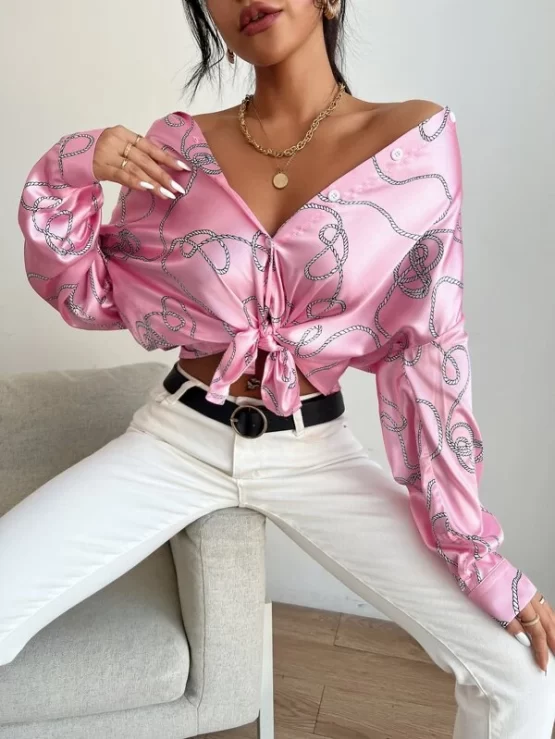 Drop Shoulder Rope Print Bishop Sleeve Blouse - Image 2