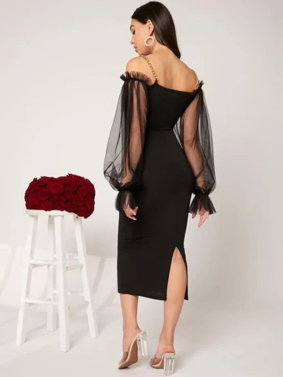 Cold Shoulder Sheer Mesh Flounce Sleeve Lace Up Front Bodycon Dress - Image 2