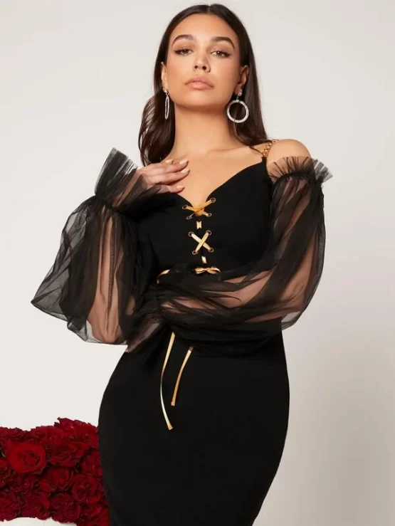 Cold Shoulder Sheer Mesh Flounce Sleeve Lace Up Front Bodycon Dress - Image 3
