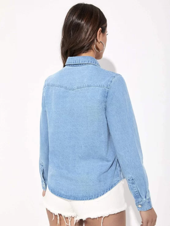 Button Up Plain Collar Flap Pocket Denim Top - Image 2