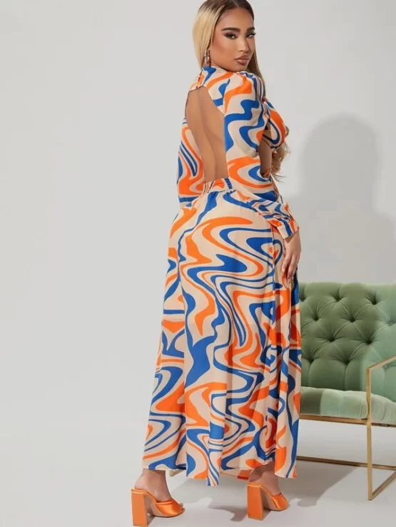 Marble Print Plunging Maxi Open Back Dress - Image 3