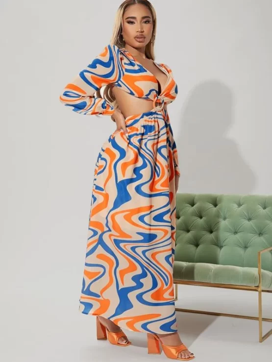 Marble Print Plunging Maxi Open Back Dress - Image 2