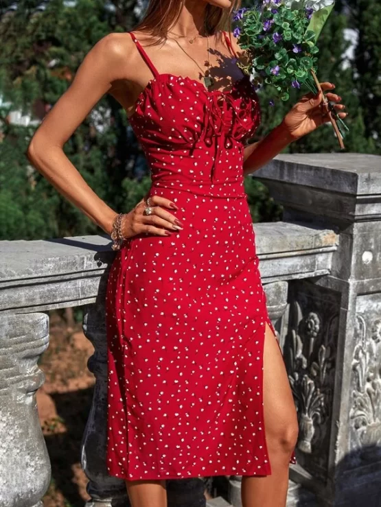 Ditsy Floral Tie Front Slit Thigh Bustier Cami Dress - Image 3