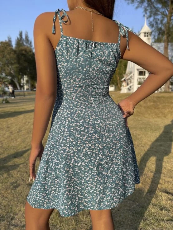 Ditsy Floral Knot Zipper Ruched Bust Cami Dress - Image 2