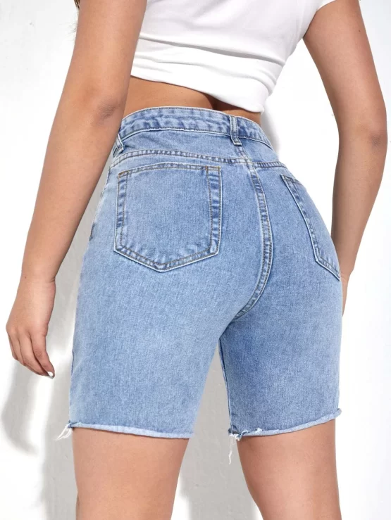 High Waist Ripped Raw Hem Denim Shorts - Image 3