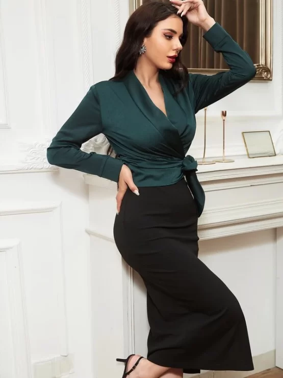 Shawl Collar Wrap Tie Side Satin Blouse - Image 6