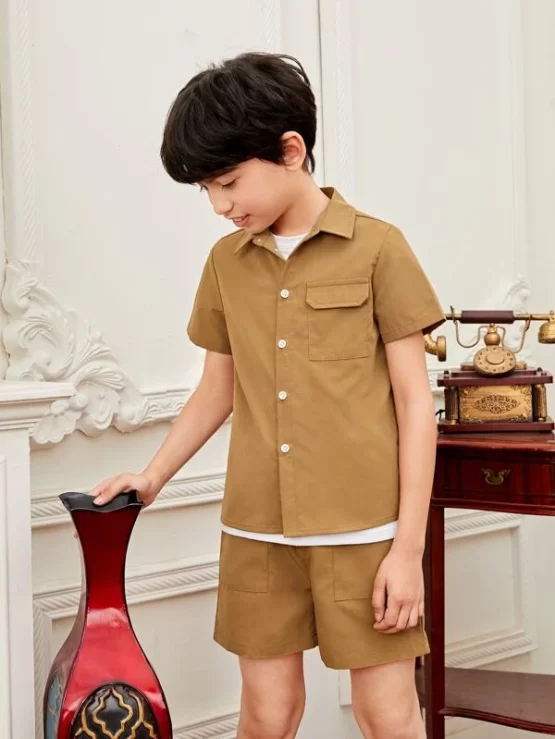 Boys 1pc Flap Pocket Shirt & 1pc Solid Tee & 1pc Shorts - Image 2