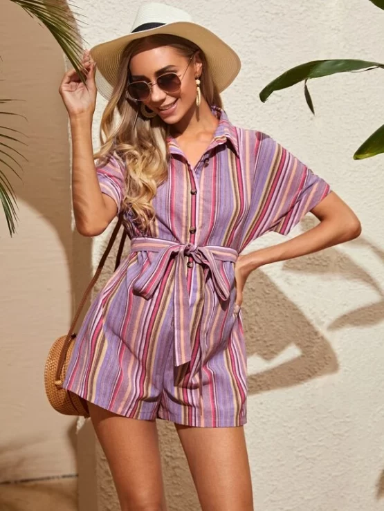 Maternity Button Front Striped Print Belted Romper - Image 3