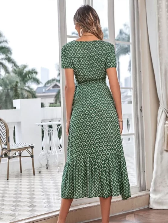 Geo Print Wrap Belted Ruffle Hem Dress - Image 2
