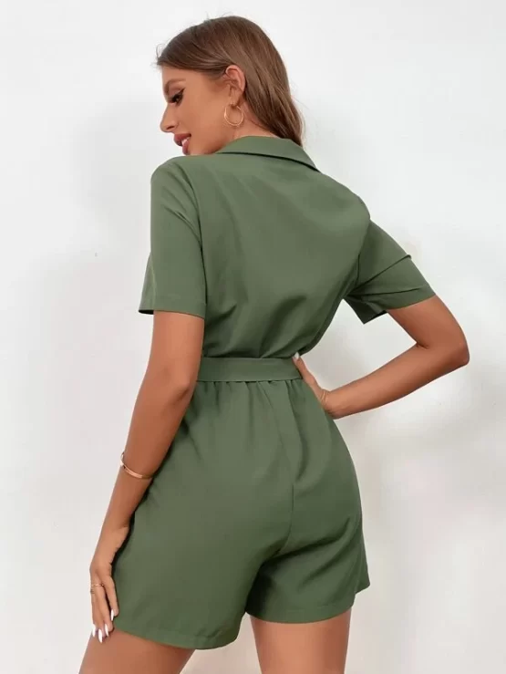Solid Pocket Button Front Shirt Belted Romper - Image 2