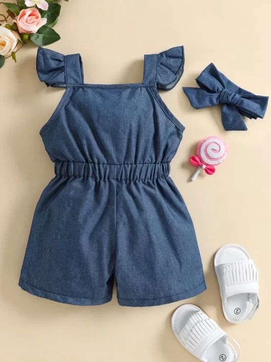 Baby Ruffle Trim Bow Front Romper With Headband - Image 3