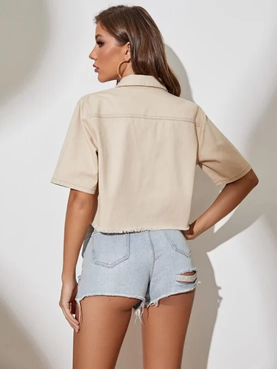Solid Patch Pocket Ripped Raw Hem Denim Jacket - Image 3