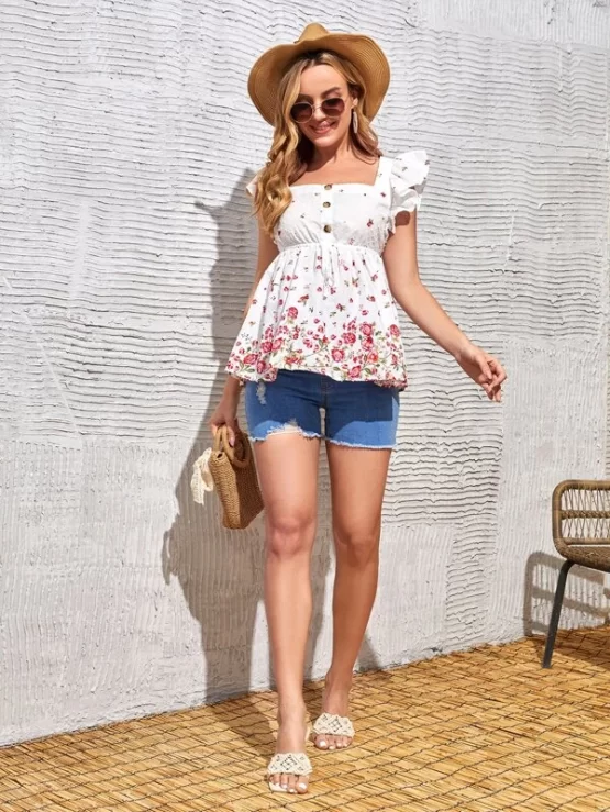 Maternity Floral Print Swiss Dot Butterfly Sleeve Knot Front Peplum Blouse - Image 3