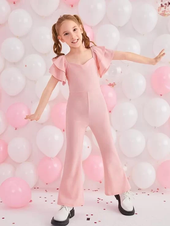 Girls 1pc Sweetheart Neckline Layered Sleeve Jumpsuit - Image 2
