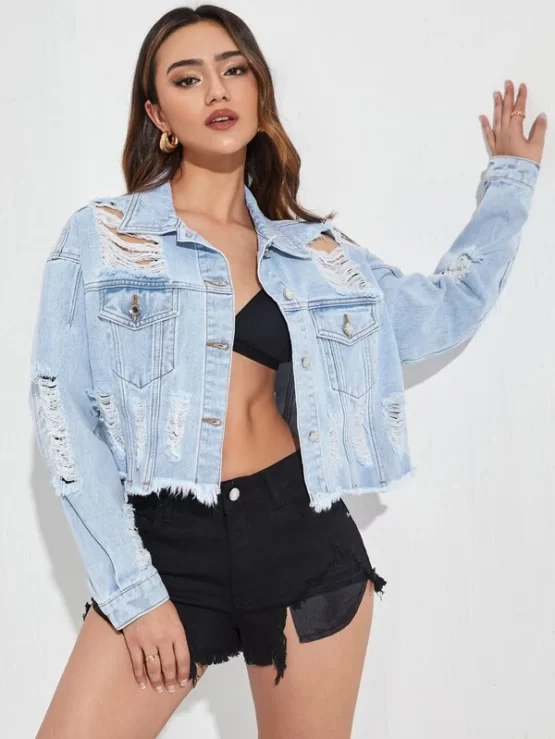 Raw Hem Ripped Button Front Denim Jacket - Image 3