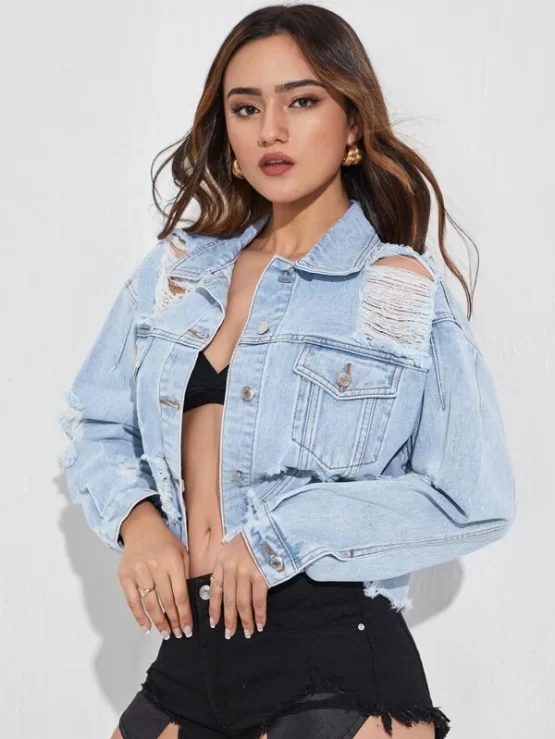 Raw Hem Ripped Button Front Denim Jacket - Image 2