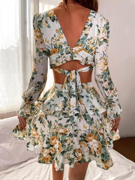 Random Floral Print Plunging Neck Tie Back Flounce Layered Chiffon Sleeve Dress - Image 2