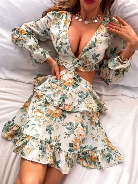 Random Floral Print Plunging Neck Tie Back Flounce Layered Chiffon Sleeve Dress - Image 3