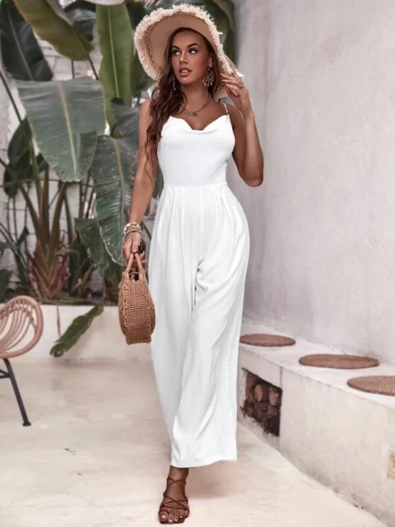 Pearls Beaded Strap Wide Leg Cami Jumpsuit - Image 2