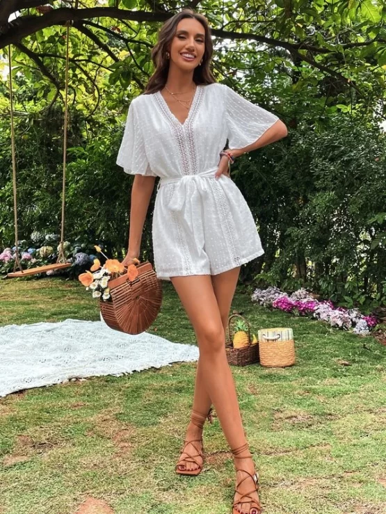 Swiss Dot Contrast Guipure Lace Belted Romper - Image 3