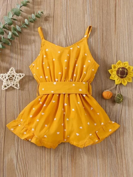 Baby Heart Print Ruffle Hem Belted Cami Romper - Image 3