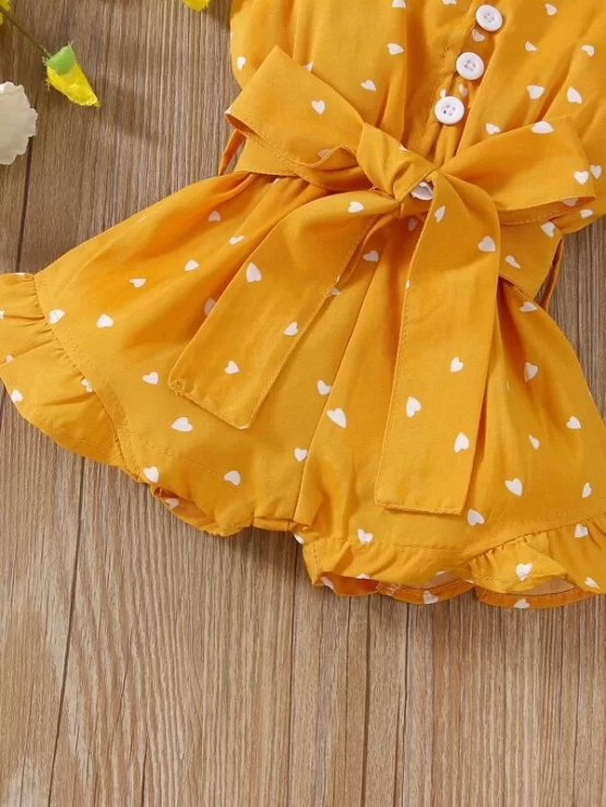 Baby Heart Print Ruffle Hem Belted Cami Romper - Image 2