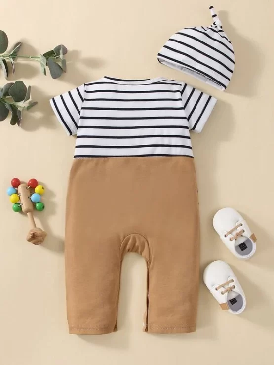 Baby Striped & Cartoon 3D Ear Design 2 In 1 Graphic Jumpsuit & Hat - Image 2