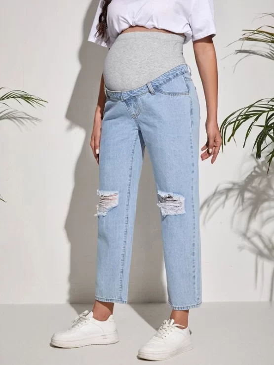 Maternity Contrast Wide Waistband Ripped Skinny Jeans - Image 3