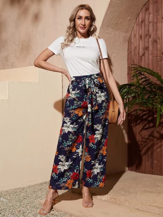 EMERY ROSE Self Belted Wide Leg Floral Print Pants - Image 3
